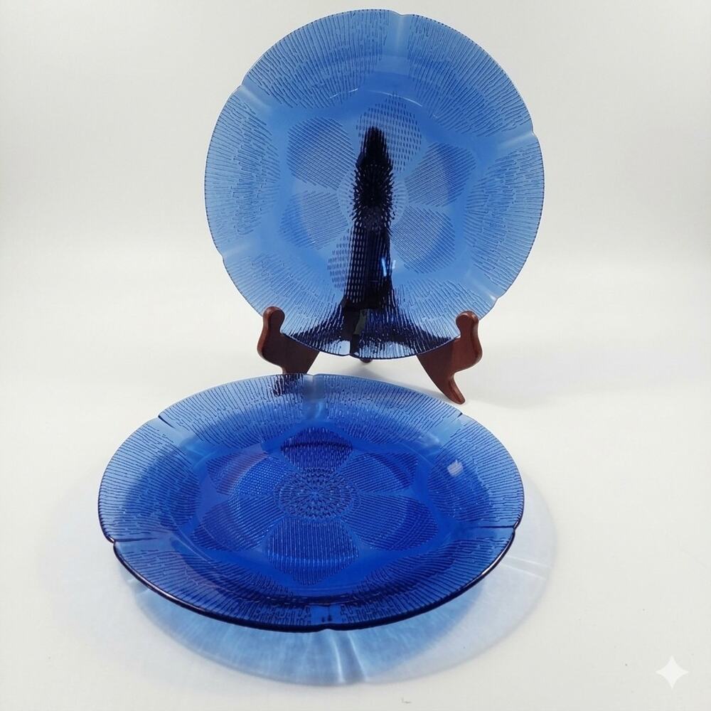 Vtg Cobalt Blue Glass Fortecrisa Sunflower Dinner Plates 9.75” Set of 2 FCG2